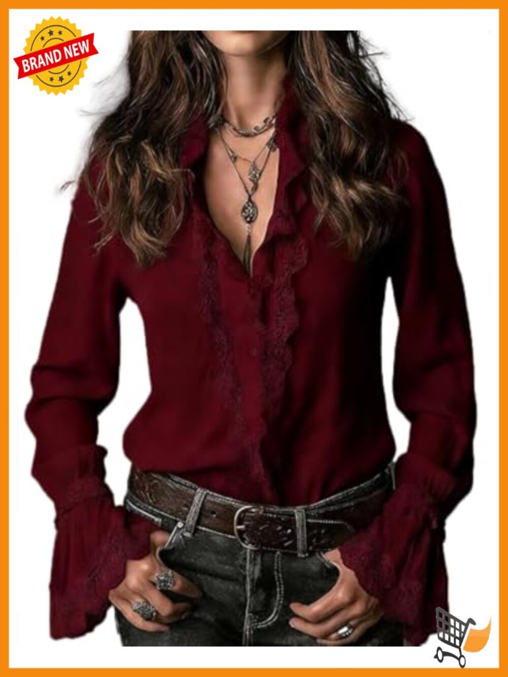 Lace Trim Button Down Blouse Bell Sleeve Ruffle Collar Career Top